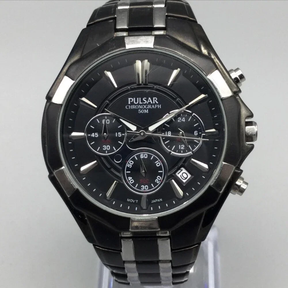 Pulsar Chronograph Mens Watch 38mm Date Stainless VD53-X060 New Battery 6.75
